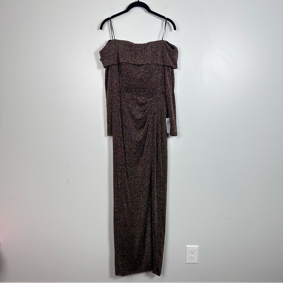 ALEX Evenings Metallic Off the Shoulder Knit Sheath Gown Copper - Picture 4 of 8